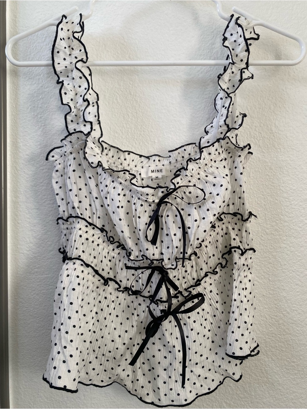 MINE White Polka Dot Ruffle Tie-Front Camisole